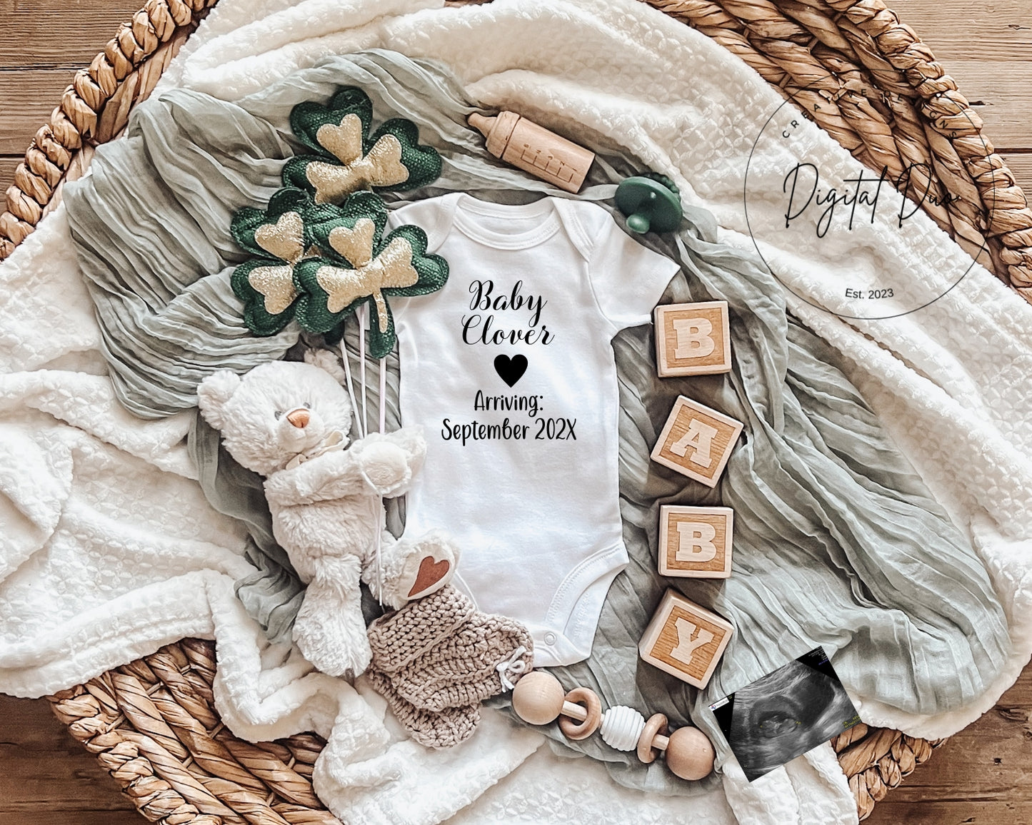 Editable Digital St Patricks Day Pregnancy Announcement Baby Reveal for Social Media