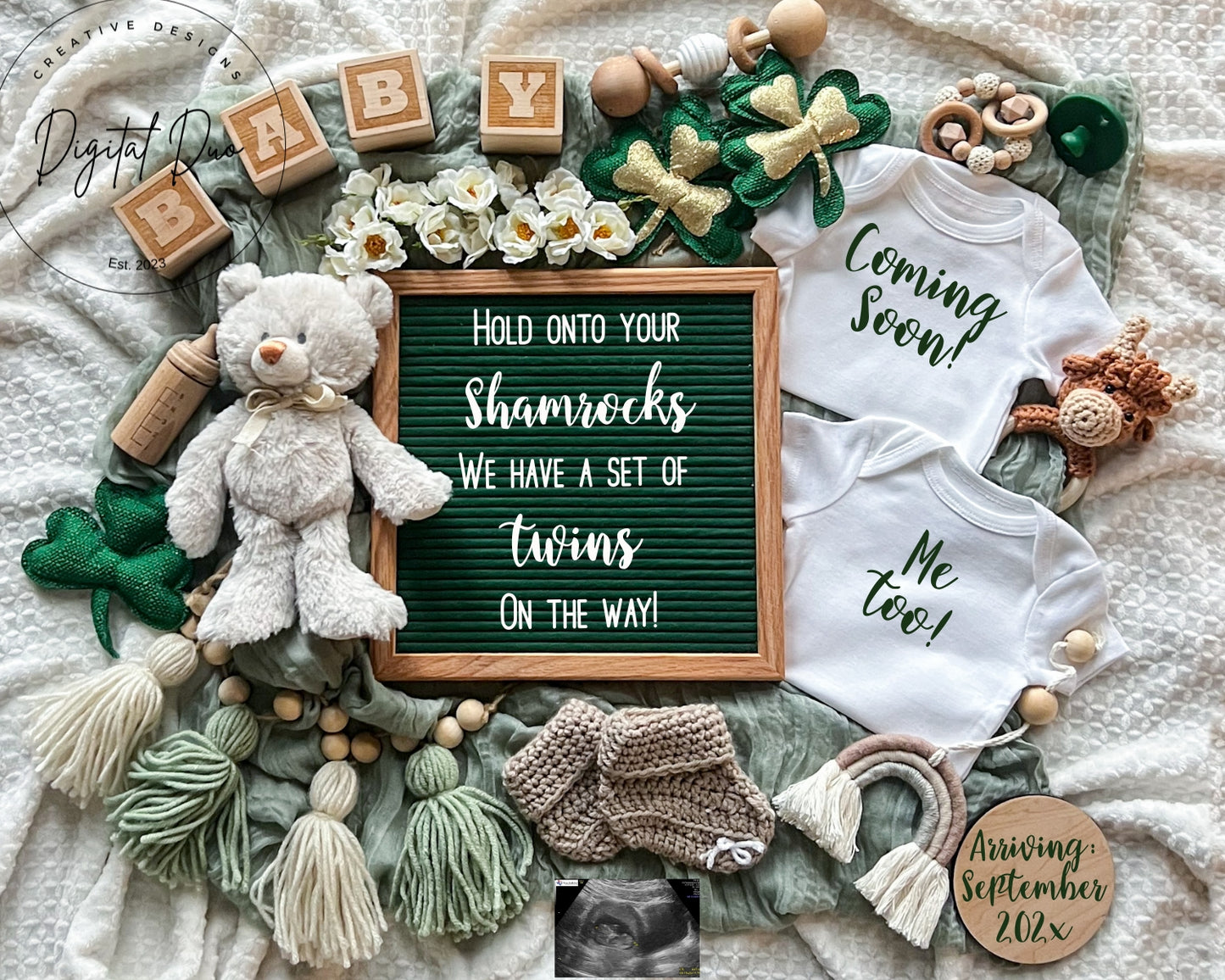 Editable Digital St Patricks Day Pregnancy Announcement Twins