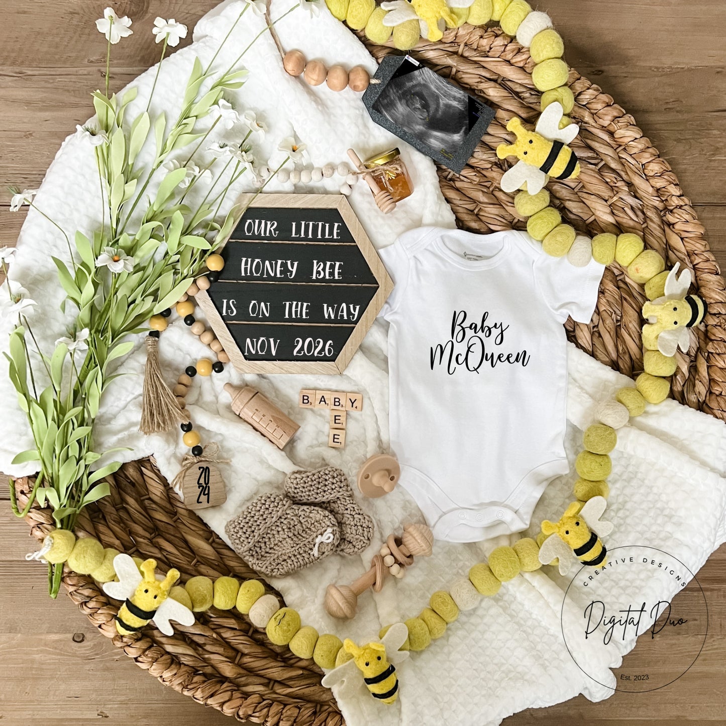 Editable Digital Spring Pregnancy Announcement Bee theme for Social Media