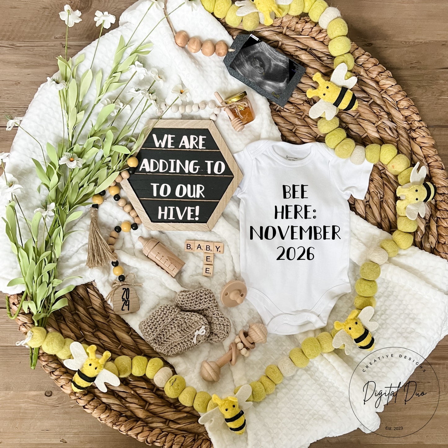 Editable Digital Spring Pregnancy Announcement Bee theme for Social Media