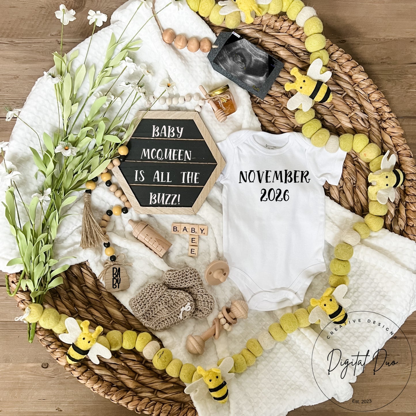 Editable Digital Spring Pregnancy Announcement Bee theme for Social Media